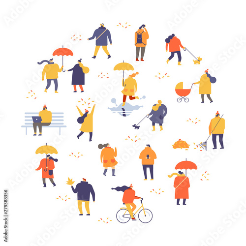 Autumn park landscape. Different People in warm clothes having fun outdoors in urban park. Colorful Autumn park flat vector illustration. Autumn park with people illustration. 