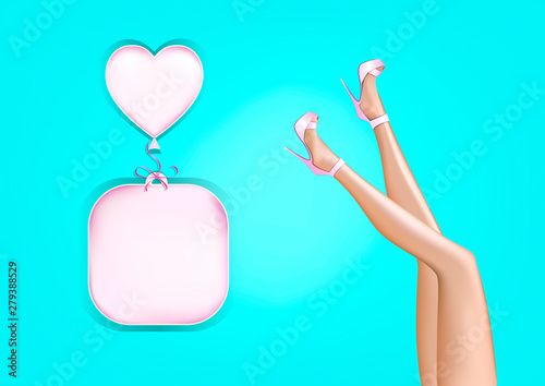 beautiful smooth woman legs in a high heels and a papercut copy space for hair removal text isolated on a turquoice background, horizontal vector illustration