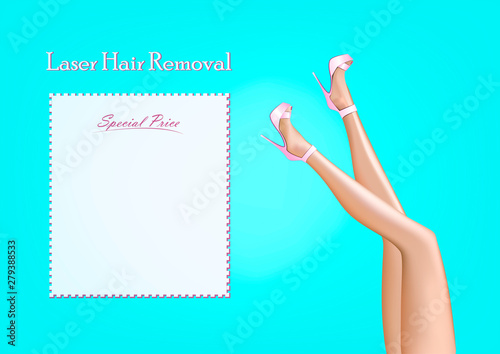 beautiful smooth woman legs in a high heels and copy space for hair removal text isolated on a turquoice background, horizontal vector illustration