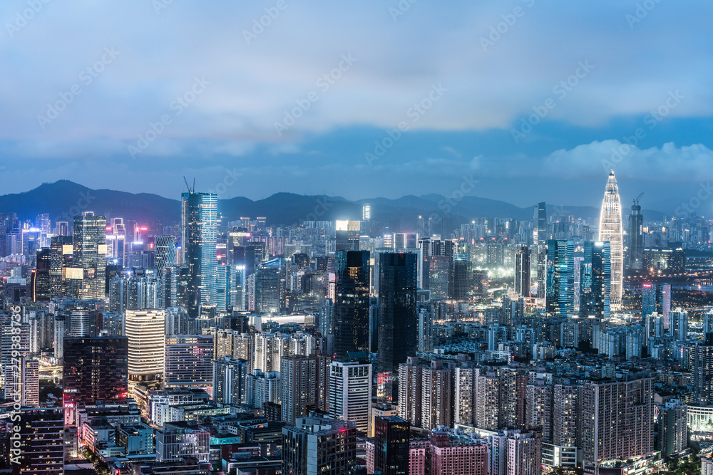 Naklejka premium Shenzhen, China, Guangdong Houhai City skyline night view