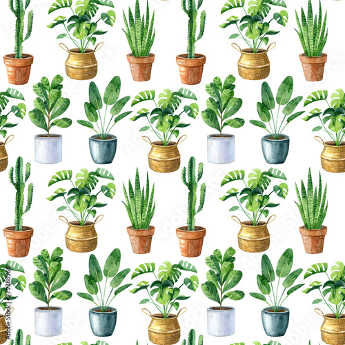 Watercolor seamless pattern with home plants in clay pots and straw basket.