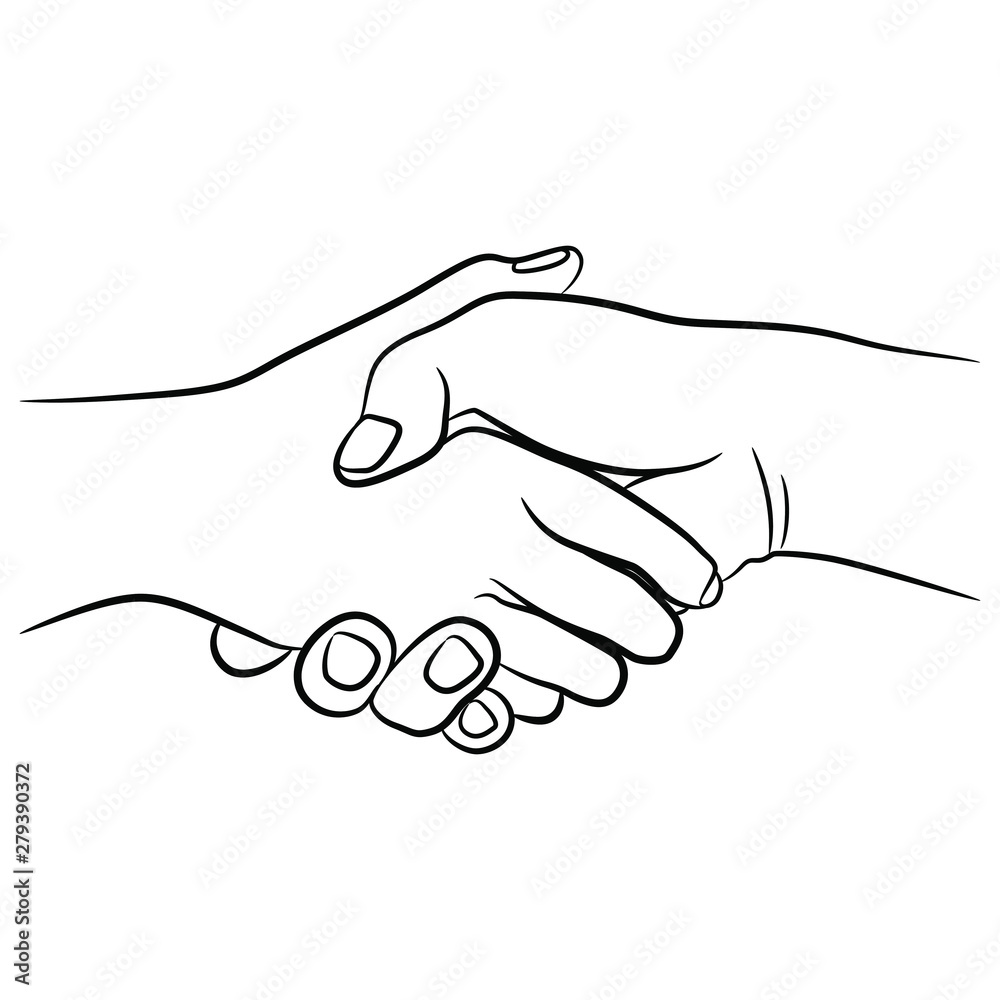 Two human hands clasped in handshake. Black and white linear silhouette