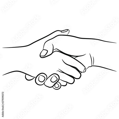 Two human hands clasped in handshake. Black and white linear silhouette. 