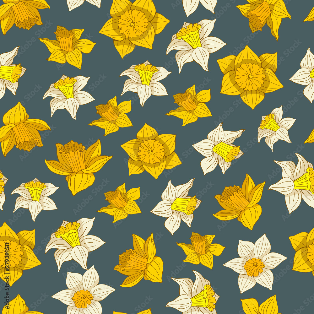 Seamless pattern with white and yellow daffodils. Endless texture with spring flowers on grey blue background Seamless pattern with white and yellow daffodils. Endless texture with spring flowers on grey blue background