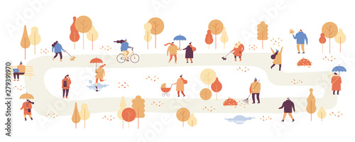 Fototapeta Naklejka Na Ścianę i Meble -  Autumn park landscape. Different People in warm clothes having fun outdoors in urban park. Colorful Autumn park flat vector illustration. Autumn park with people horizontal banners.