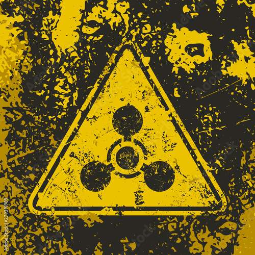 Grunge poster Chemical weapon. Vector chemical weapon triangle sign on grunge background. Illustration of recognizable warning symbol in black and yellow colors for your projects.