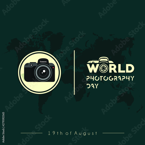 Camera Vector Design, World Photography Day with Green World Map Background