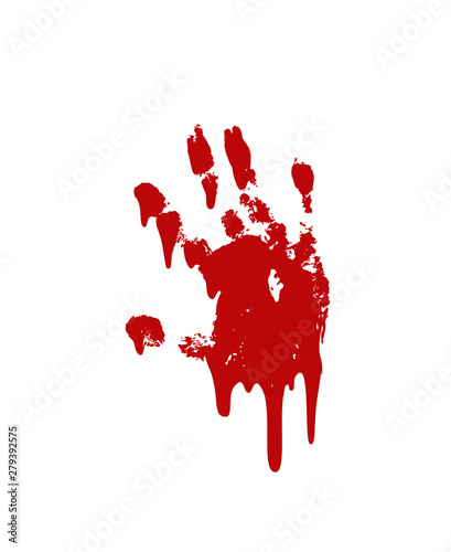 Bloody hand print isolated white background. Horror scary blood dirty handprint, fingerprint. Red palm, fingers, stain, splatter, streams. Symbol horror zombie, murder, violence. Vector illustration