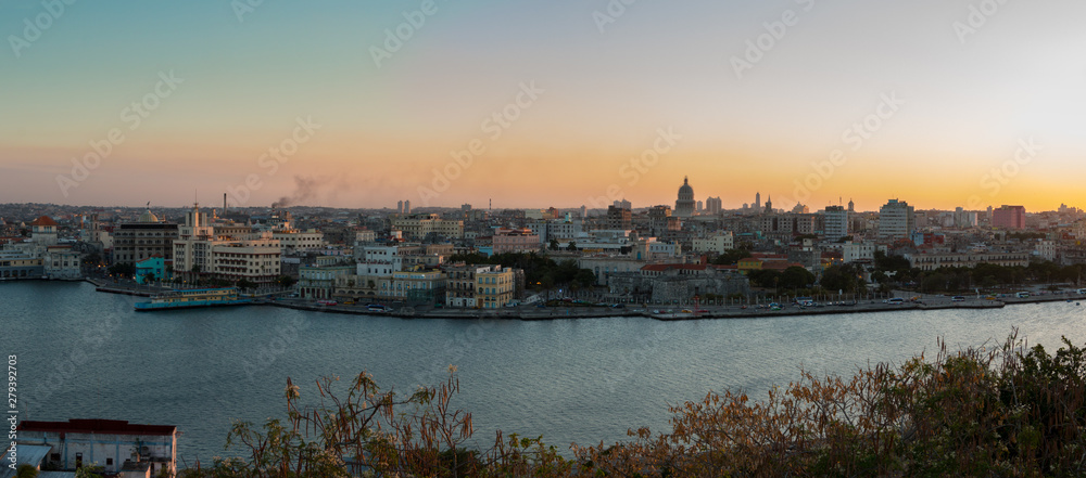 Panoramic view of the city of Havana and the bay from the Christ park of Havana at sunset