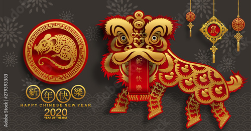 Happy chinese new year 2020 year of the rat  paper cut rat character flower and asian elements with craft style on background.   Chinese translation   Happy chinese new year 2020  year of rat 