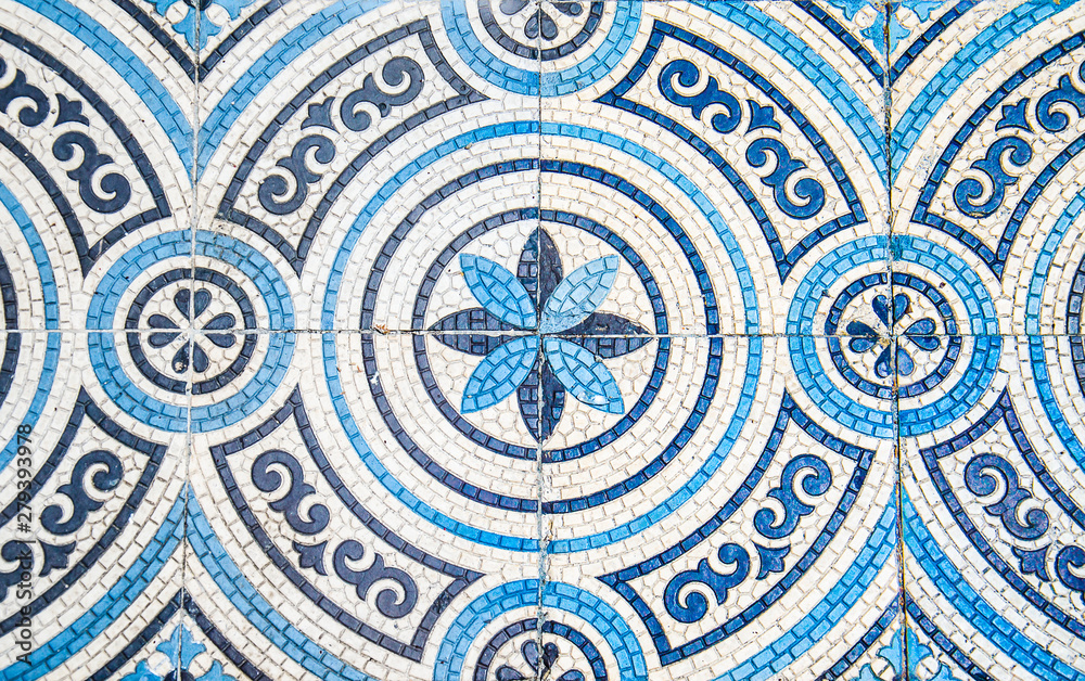 Old mosaic ornament in white and blue colors