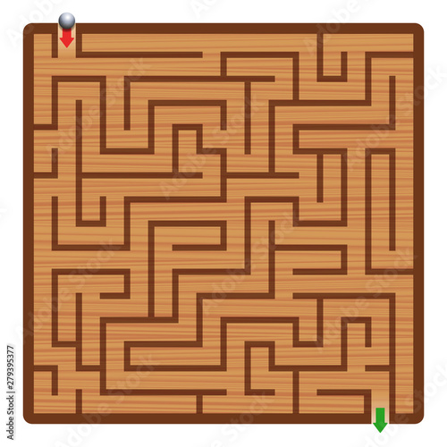 Wooden labyrinth with iron ball. Maze - square format labyrinth - fun game to find the right way.