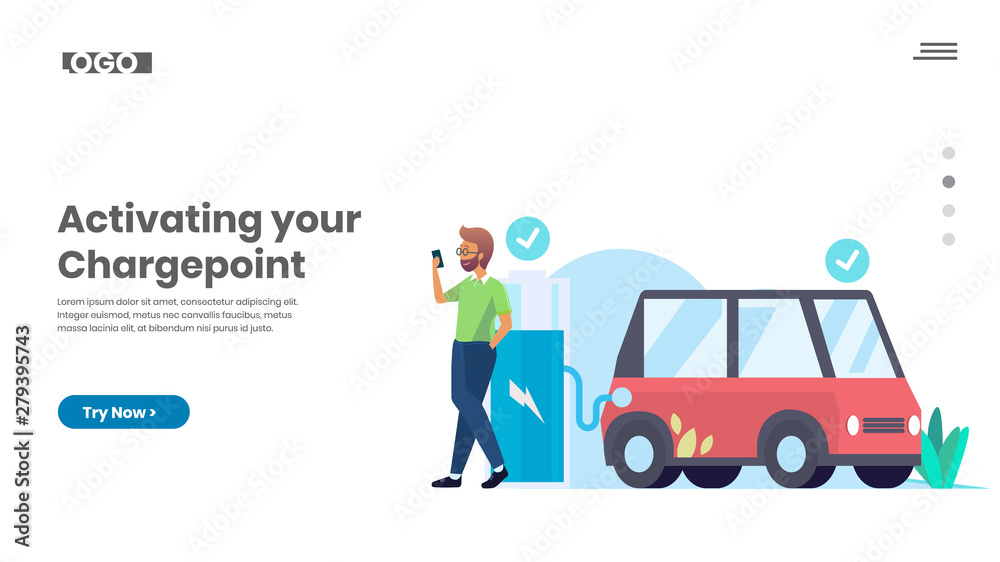 Man with electronic vehicle, Car charge-point Man with electronic vehicle, Car charge-point