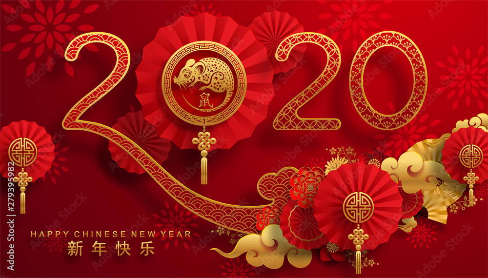 Happy chinese new year 2020 year of the rat ,paper cut rat character,flower and asian elements with craft style on background.  (Chinese translation : Happy chinese new year 2020, year of rat)