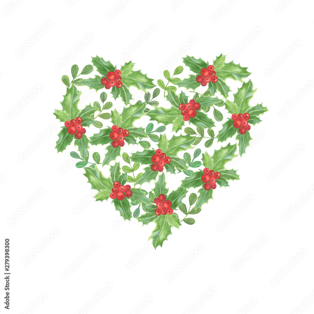 Hand drawn holly plant heart, I love Christmas pattern, traditional winter holidays plant, holly leaves and berries Hand drawn holly plant heart, I love Christmas pattern, traditional winter holidays plant, holly leaves and berries