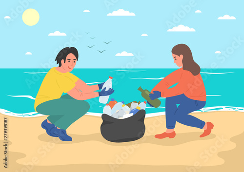 Environmental volunteer activists cleaning sea beach. 
