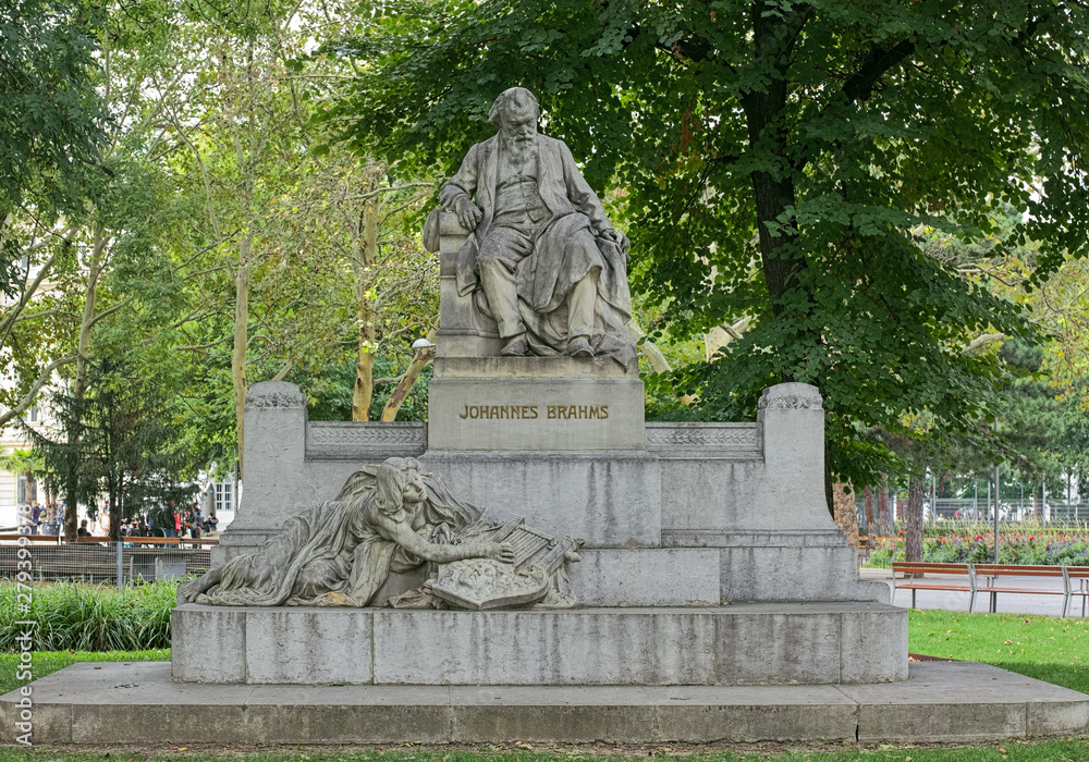 Johannes Brahms Monument in Ressel park of Vienna, Austria. The monument was created by the Austrian sculptor Rudolf Weyr (1847-1914) and unveiled on May 7, 1908.