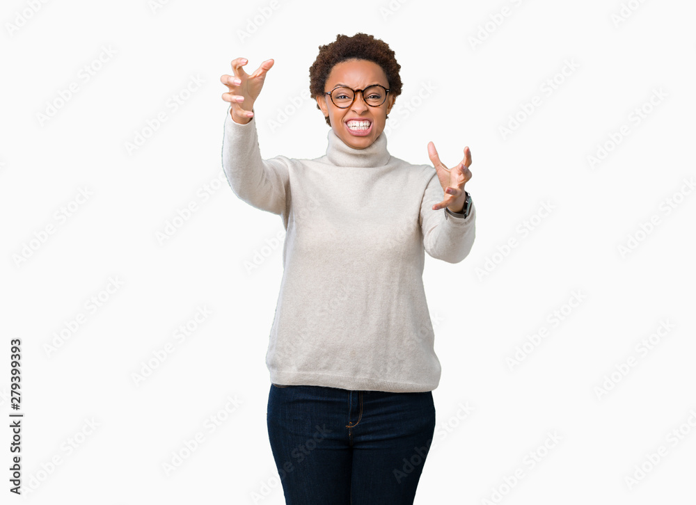 Young beautiful african american woman wearing glasses over isolated background Shouting frustrated with rage, hands trying to strangle, yelling mad Young beautiful african american woman wearing glasses over isolated background Shouting frustrated with rage, hands trying to strangle, yelling mad
