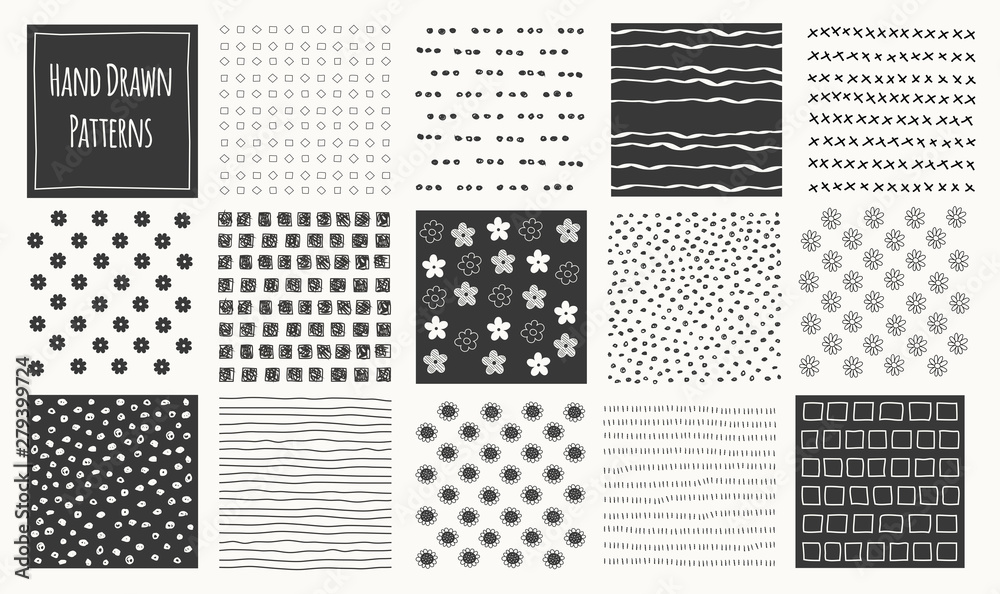 Set of cute abstract hand drawn black seamless patterns. Stripes flowers, dots, lines vector white background. Set of cute abstract hand drawn black seamless patterns. Stripes flowers, dots, lines vector white background.