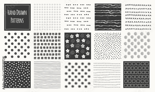 Set of cute abstract hand drawn black seamless patterns. Stripes flowers, dots, lines vector white background.