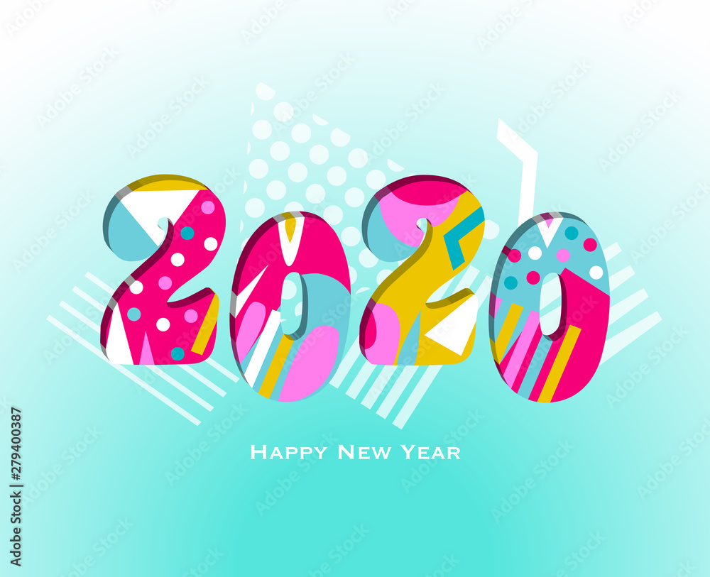 2020 happy new year background with cute colorful geometric shapes