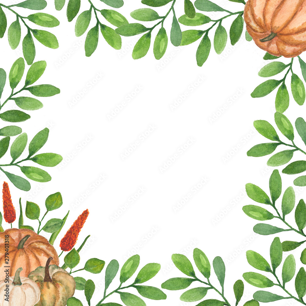Watercolor frame design with various  plants and pumpkins isolated on white background. Hand drawn card with branches, leaves. Design invitations, banners, greeting cards, event projects, posters.