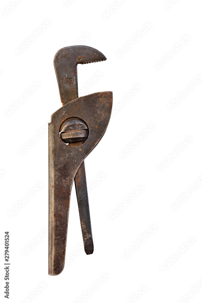 Old adjustable pipe wrench on a white background Old adjustable pipe wrench on a white background