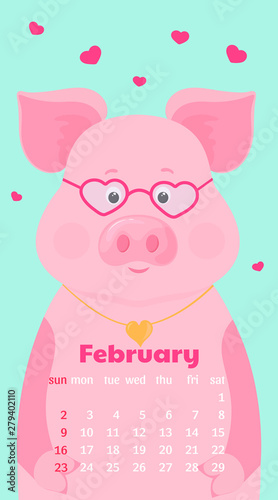 Monthly Calendar for February 2020. Week start on Sunday. Funny pig in love with glasses.