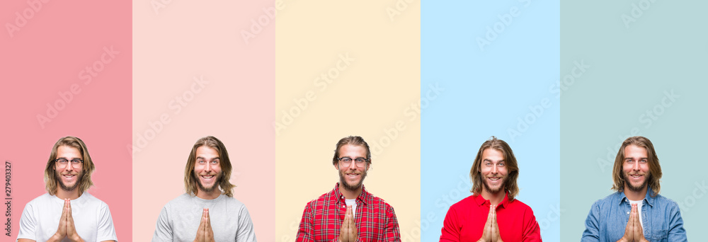 Obraz premium Collage of young handsome man over colorful stripes isolated background praying with hands together asking for forgiveness smiling confident.