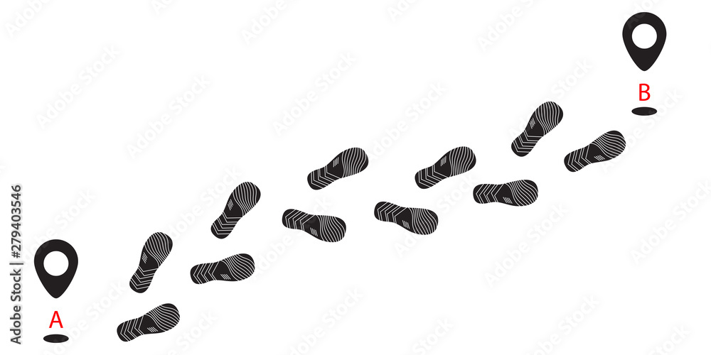 Footprint silhouettes path from A to B points vector icon. Step marks path. Footprint silhouettes path from A to B points vector icon. Step marks path.