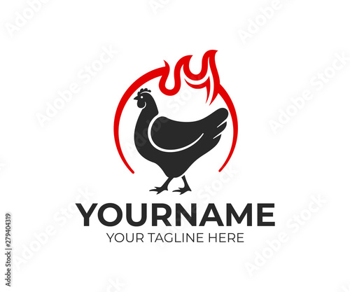 Chicken in circle and flame of fire, logo design. Food, meal and eating, eatery and restaurant, vector design and illustration