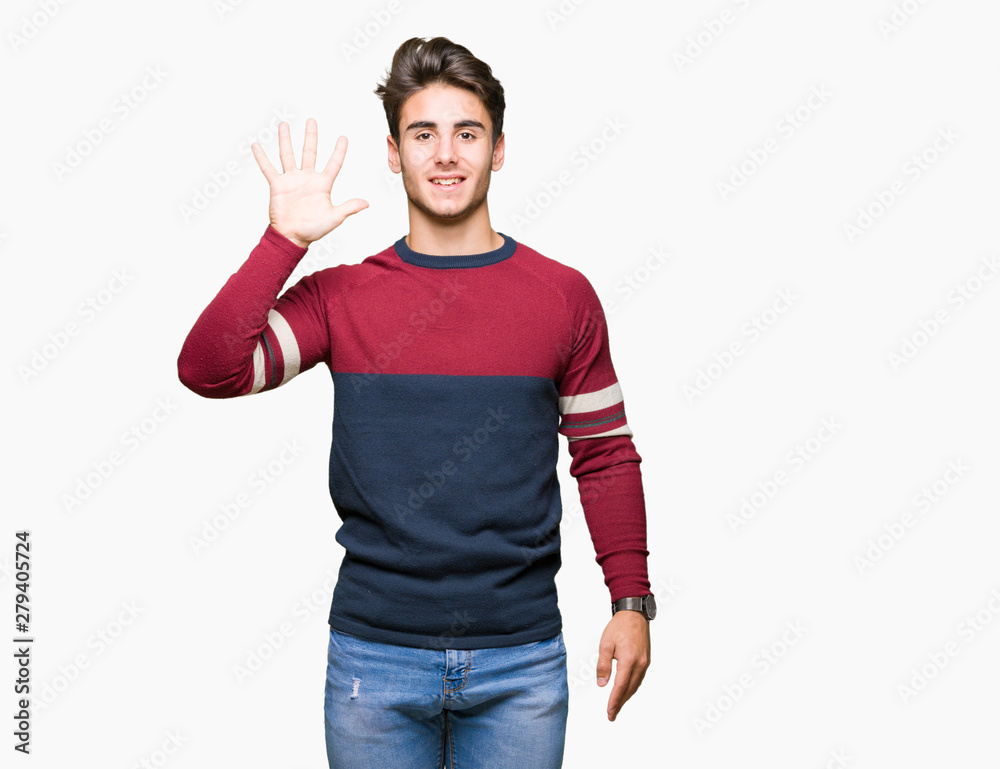 Young handsome man over isolated background showing and pointing up with fingers number five while smiling confident and happy. Young handsome man over isolated background showing and pointing up with fingers number five while smiling confident and happy.