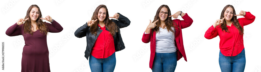 Collage of beautiful plus size business woman over isolated background smiling confident showing and pointing with fingers teeth and mouth. Health concept. Collage of beautiful plus size business woman over isolated background smiling confident showing and pointing with fingers teeth and mouth. Health concept.