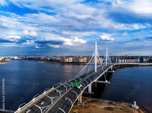 Panorama of Petersburg. Highway. Stadium, western rapid diameter and cable-stayed bridge, view from quadrocopter drone flight photo