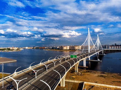 Panorama of Petersburg. Highway. Stadium, western rapid diameter and cable-stayed bridge, view from quadrocopter drone flight