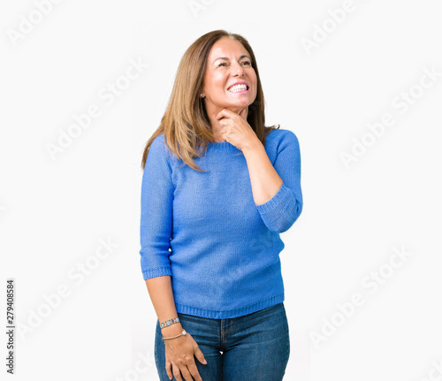 Middle age beautiful woman wearing winter sweater over isolated background Touching painful neck, sore throat for flu, clod and infection © Krakenimages.com