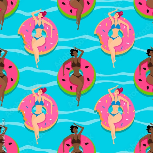 Seamless pattern with beautiful girls on inflatable pool floats.