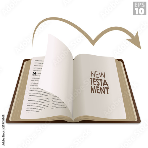 Holy scriptures Bible with flipped page, shows divided books and reading from Old testament to new testament.