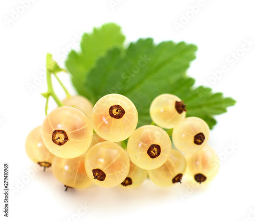 White currants with green leaves.