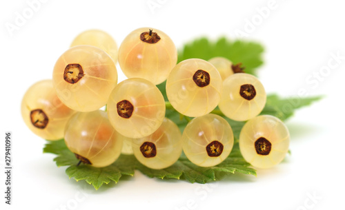 White currants with green leaves.