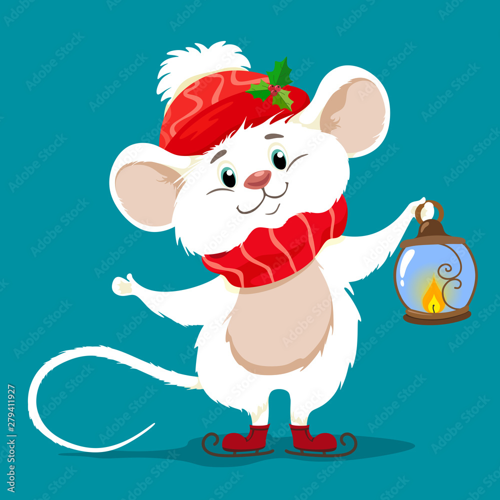 Cute white mouse in a scarf and a red hat, a symbol of the year. Ratatouille Vector character in cartoon style. Cute white mouse in a scarf and a red hat, a symbol of the year. Ratatouille Vector character in cartoon style.