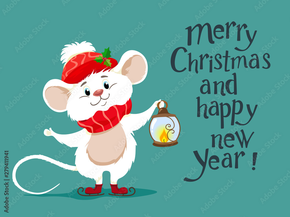 Cute white mouse in a scarf and a red hat, a symbol of 2020. Ratatouille Vector character in cartoon style. Handwritten. Merry Christmas and happy new year. Cute white mouse in a scarf and a red hat, a symbol of 2020. Ratatouille Vector character in cartoon style. Handwritten. Merry Christmas and happy new year.