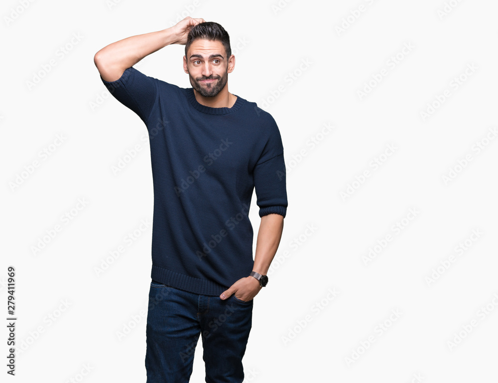 Young handsome man wearing sweater over isolated background confuse and wonder about question. Uncertain with doubt, thinking with hand on head. Pensive concept. Young handsome man wearing sweater over isolated background confuse and wonder about question. Uncertain with doubt, thinking with hand on head. Pensive concept.