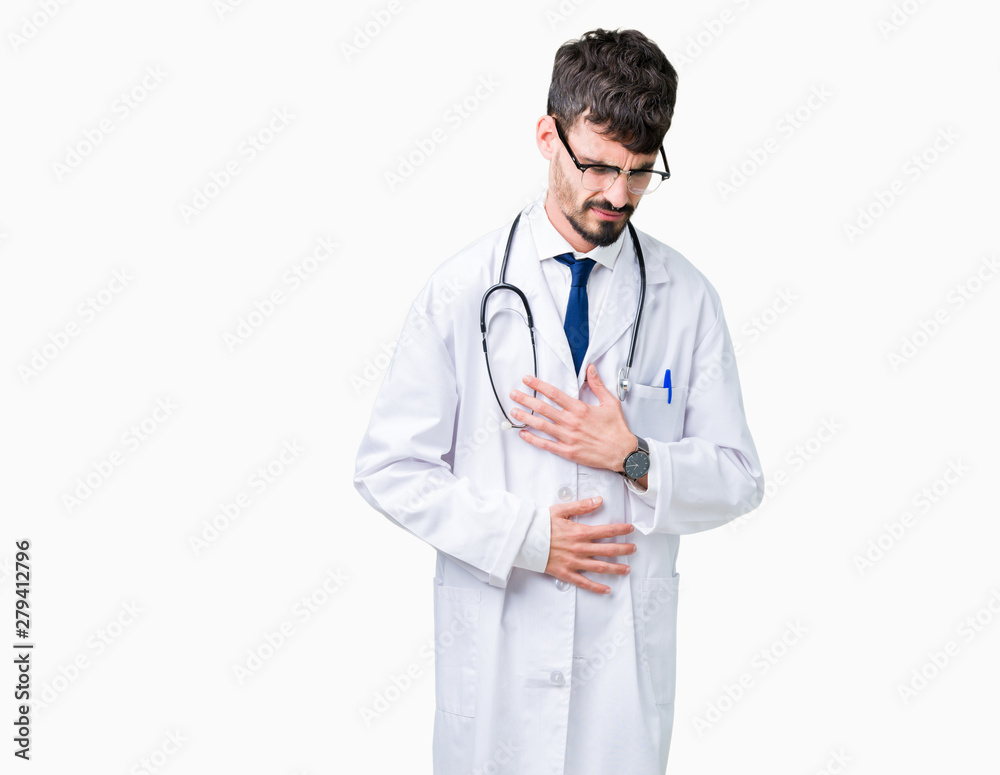 Young doctor man wearing hospital coat over isolated background with hand on stomach because nausea, painful disease feeling unwell. Ache concept. Young doctor man wearing hospital coat over isolated background with hand on stomach because nausea, painful disease feeling unwell. Ache concept.