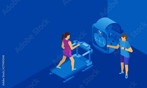 Personal trainer for the girl on the treadmill. Free space for text or information. Blue background. Isometric illustration.