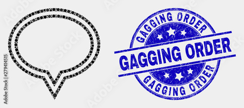 Pixelated banner balloon mosaic icon and Gagging Order seal stamp. Blue vector rounded scratched stamp with Gagging Order message. Vector composition in flat style.