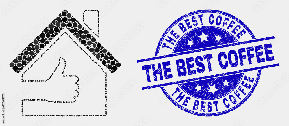 Obraz premium Pixel best house mosaic pictogram and The Best Coffee seal stamp. Blue vector round grunge seal stamp with The Best Coffee caption. Vector combination in flat style.