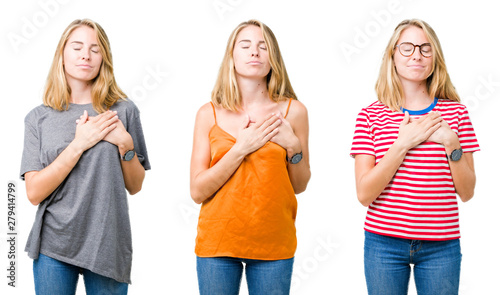 Collage of beautiful blonde woman over white isolated background smiling with hands on chest with closed eyes and grateful gesture on face. Health concept.