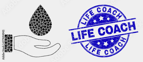 Dotted blood donation hand mosaic pictogram and Life Coach seal. Blue vector rounded distress seal stamp with Life Coach message. Vector composition in flat style.