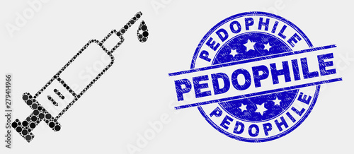Dotted blood syringe mosaic pictogram and Pedophile seal stamp. Blue vector rounded scratched seal with Pedophile phrase. Vector composition in flat style.